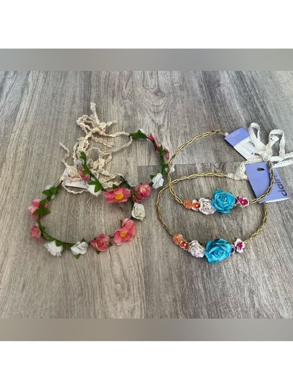 NWT Claire’s Dainty Floral Headband Crowns with Flowers and lace ribbon closure